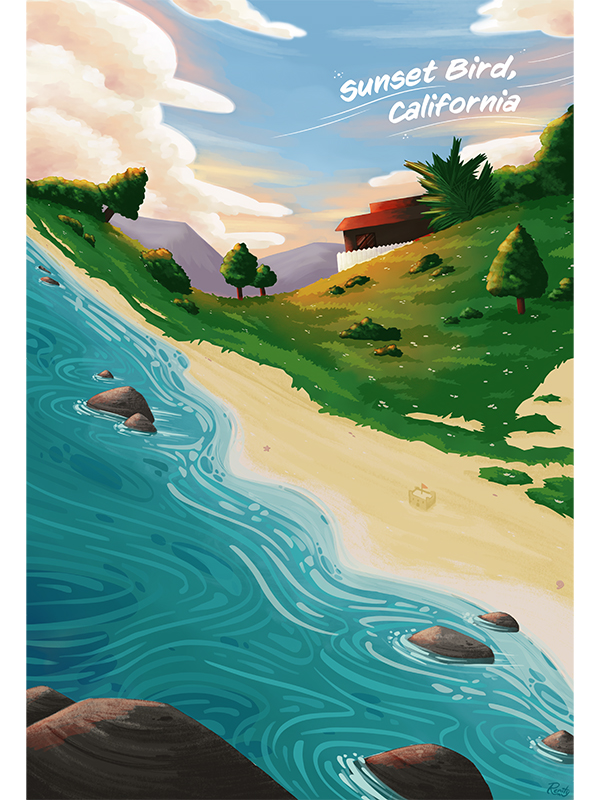 Sunset bird travel poster